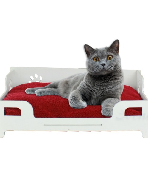 Beyaz Ahşap Büyük Kedi Yatağı - Kedi Evi Patili Model
